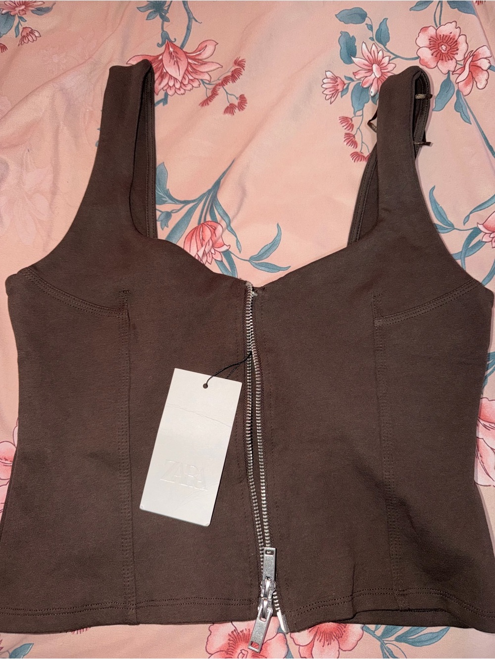 Zara Chocolate Brown Zip-Front Cropped Tank